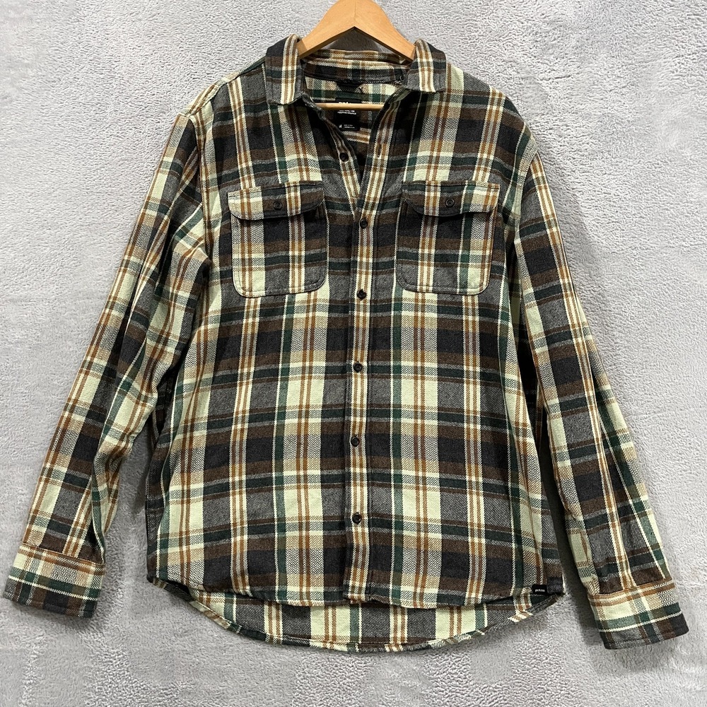 Prana Flannel Shirt Mens Medium Westbrook Slim Fit Plaid Button Up Green Western